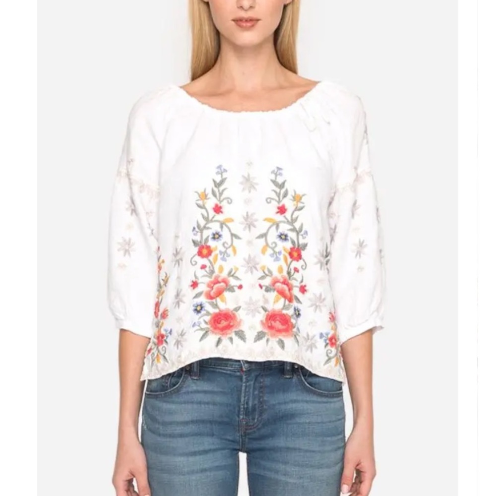 Johnny Was White Linen Hazelton Peasant Tie Blouse - Picture 1 of 9